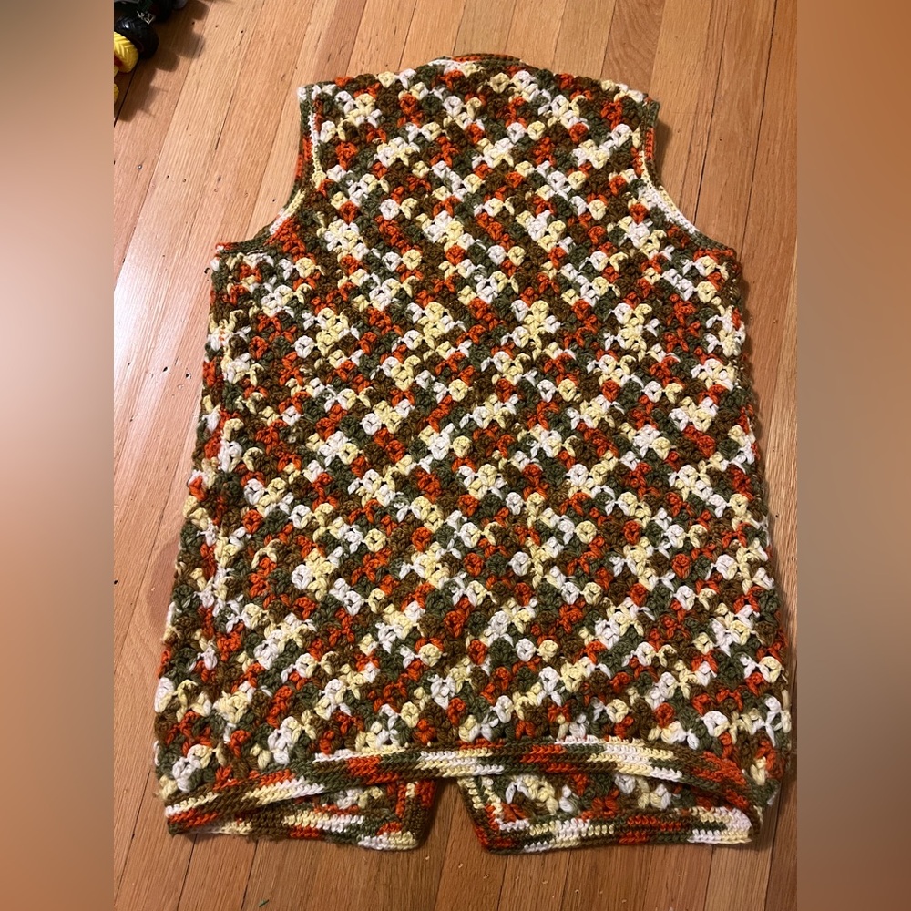 Hippie handmade crochet afghan sweater vest M 70’s L S orange green vintage fall - Picture 5 of 6